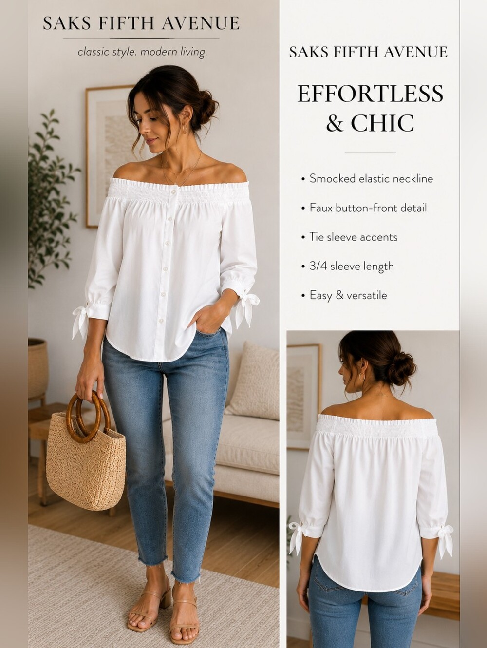 Saks Fifth Avenue White Off-The-Shoulder Faux Button Top Medium